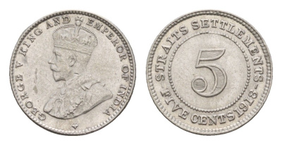 Стрейтс-Сетлментс (Стрейтс Сетлментс) 5 центов 1918 Георг V (1910-1936) KM 31 серебро 1521-813