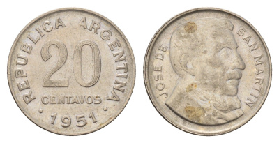 Аргентина 20 сентаво 1951 KM 48 медно-никель 4679-824