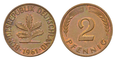 ФРГ 2 пфеннига 1961 J KM 106, J. 381 бронза 4682-1062