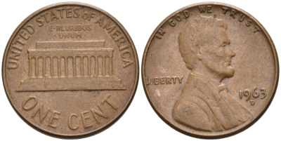 США 1 цент 1963 D, Линкольн KM 201 медь цинк 4564-426
