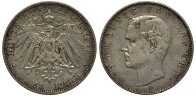 Бавария 3 марки 1913 Отто (1886-1913) Weege 45, J. 47, KM 515 серебро 3711-2121