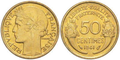 ФРАНЦИЯ 50 САНТИМОВ 1941 ТИП MORLON KM 894.1, LE FRANC 192.18 алюминиевая бронза 44-468