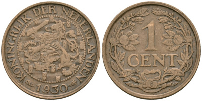 Нидерланды 1 цент 1930 Вильгельмина (1890-1948) KM 152 бронза 4576-1127
