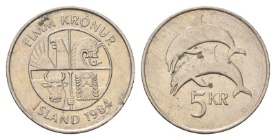 Исландия 5 крон 1984 дельфины KM 28 медно-никель 4591-934