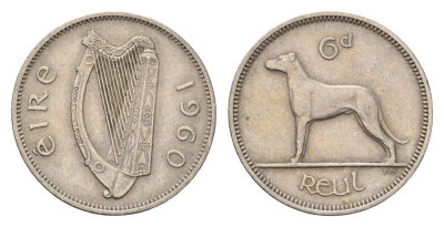 Ирландия 6 пенсов 1960 собака, ирландский волкодав KM 13a медно-никель 4696-523