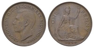 Великобритания 1 пенни 1944 Георг VI (1936-1952) КМ 845, Spink 4114 бронза 4111-714