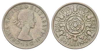 Великобритания 2 шиллинга (флорин) 1955 Елизавета II (1952-2022) KM 906, Spink 4146 медно-никель 4183-413