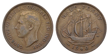 Великобритания 1/2 пенни 1940 Георг VI (1936-1952) KM 844, Spink 4115 бронза 4519-121