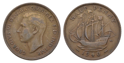 Великобритания 1/2 пенни 1940 Георг VI (1936-1952) KM 844, Spink 4115 бронза 4519-121