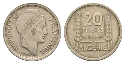Алжир, Французский 20 франков 1949  KM 91 медно-никель 4638-1026