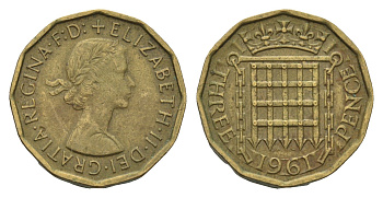 Великобритания 3 пенса 1961 Елизавета II (1952-2022) KM 900, Spink 4153 никель латунь 85-743