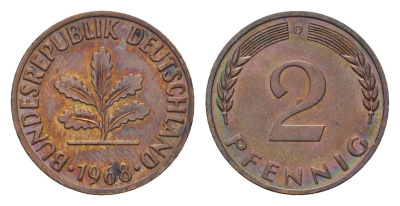 ФРГ 2 пфеннига 1968 D KM 106, J. 381 бронза 3458-725