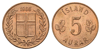 Исландия 5 эйре 1966 KM 9 бронза UNC 4695-524