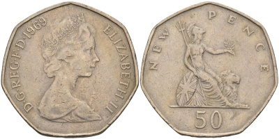 Великобритания 50 пенсов 1969 Елизавета II (1952-2022) KM 913, Spink 4223 (H1) медно-никель 4583-1241