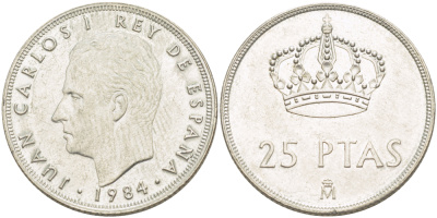 ИСПАНИЯ 25 ПЕСЕТ 1984 ХУАН КАРЛОС I ( 1975-) KM 824 медно-никель XF 4185-823