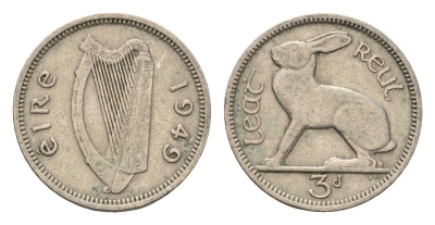 Ирландия 3 пенса 1949 заяц KM 12a медно-никель 4690-316