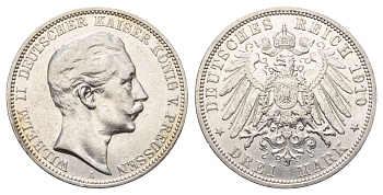 Пруссия 3 марки 1910 A, Вильгельм II (1888-1918) KM 527, J. 103 серебро 1529-1345
