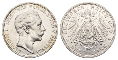 Пруссия 3 марки 1910 A, Вильгельм II (1888-1918) KM 527, J. 103 серебро 1529-1345