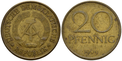 ГДР 20 пфеннигов 1969 A, первый год KM 11 латунь 4601-526