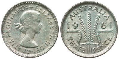 Австралия 3 пенса 1961 m, Елизавета II (1952-2022) KM 57 серебро 71-768