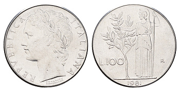 Италия 100 лир 1981 R, Афина в доспехах KM 96.1 нержавеющая сталь 4631-837