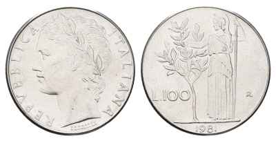 Италия 100 лир 1981 R, Афина в доспехах KM 96.1 нержавеющая сталь 4631-837