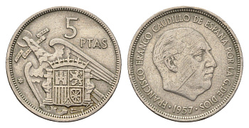 Испания 5 песет 1957 Франсиско Франко (1939-1975) KM 786 медно-никель 4633-146