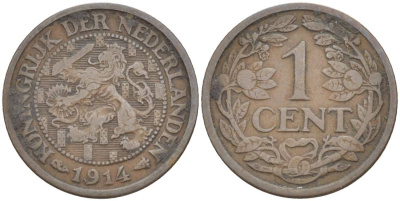 НИДЕРЛАНДЫ 1 ЦЕНТ 1914 ВИЛЬГЕЛЬМИНА I (1891-1948) KM 152 бронза 4547-1169