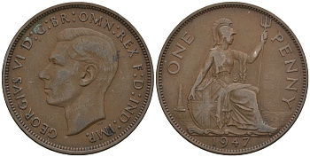 Великобритания 1 пенни 1947 Георг VI (1936-1952) KM 845, Spink 4114 бронза 4112-734