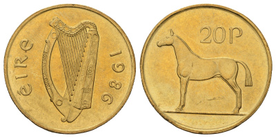Ирландия 20 пенсов 1986 лошадь KM 25 никель латунь UNC 4666-1052