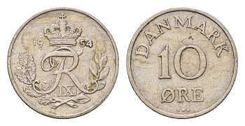 Дания 10 эре 1954 C.S, Фредерик IX (1947-1972) KM 841 медно-никель 4701-937