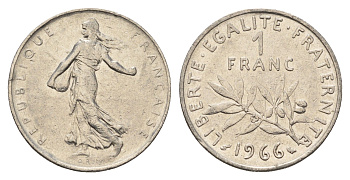 Франция 1 франк 1966 KM 925 никель 4628-851