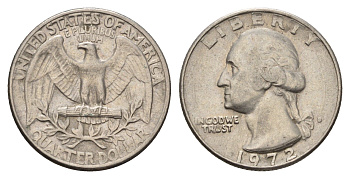 США 25 центов = квотер = 1/4 доллара 1972 D, Вашингтон KM 164a медь плакированная медно-никелем 4637-724