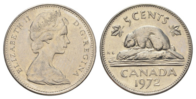 Канада 5 центов 1972 Елизавета II (1952-2022), бобр KM 60.1 никель 4689-364