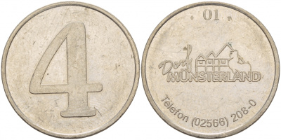 ГЕРМАНИЯ ЖЕТОН ND 01 DORF MUNSTERLAND 4 TELEFON (02566) 208-0 белый металл 4545-124