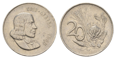 ЮАР 20 центов 1965 Ян ван Рибек (1619-1677), Suid Africa, легенда на африкаанс, цветок протея KM 69.2 медно-никель 4660-917