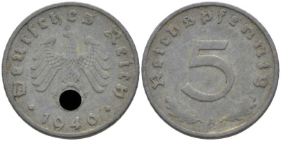 ГЕРМАНИЯ 5 РЕЙХСПФЕННИГОВ 1940 A KM 100, J. 370 цинк 105-234