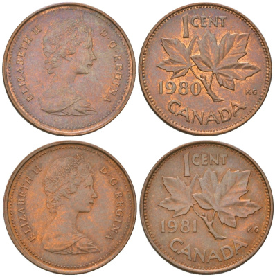 Канада полный набор выпуска из 2 монет (1 цент) 1980 и 1981 Елизавета II (1952-2022), кленовый лист KM 127 бронза 4617-913