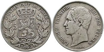 Бельгия 5 франков 1865 Леопольд I (1831-1865) KM 17 серебро 1066-20-53