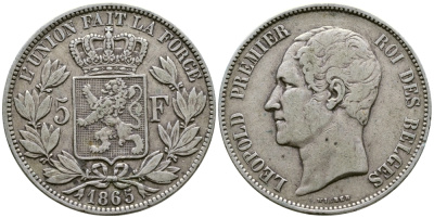 Бельгия 5 франков 1865 Леопольд I (1831-1865) KM 17 серебро 1066-20-53