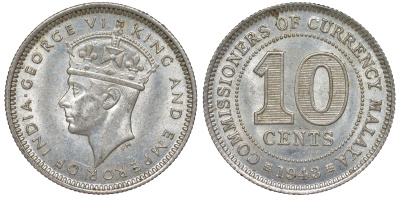 Британская Малайя 10 центов 1943 Георг VI (1937-1952) KM 4a серебро 53-238