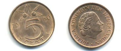 Нидерланды 5 центов 1980 Юлиана (1948-1980) KM 181 бронза UNC 83-1014