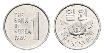 Южная Корея 1 вона 1969 роза KM 4a алюминий UNC 4647-1211