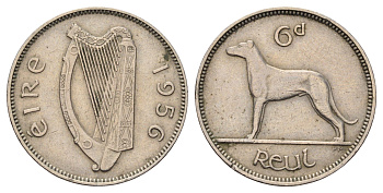 Ирландия 6 пенсов 1956 собака, ирландский волкодав KM 13a медно-никель 4682-553