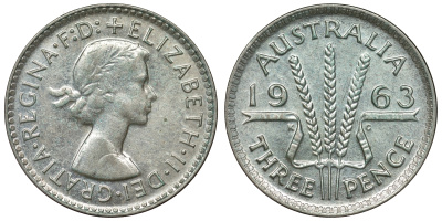 Австралия 3 пенса 1963 m, Елизавета II (1952-2022) KM 57 серебро 71-859