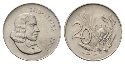ЮАР 20 центов 1965 Ян ван Рибек (1619-1677), Suid Africa, легенда на африкаанс, цветок протея KM 69.2 никель UNC 4693-314
