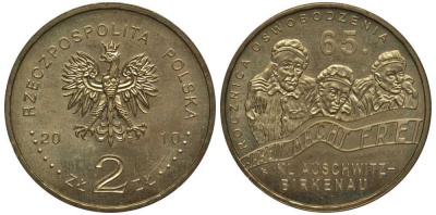 Польша 2 злотых 2010 MW, 65 лет освобождения концлагеря Аушвиц-Биркунау (Освенцим) KM 712 нордик UNC 4676-634