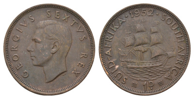 ЮАР 1 пенни 1952 Георг VI (1936-1952) KM 34.2 бронза 4531-216