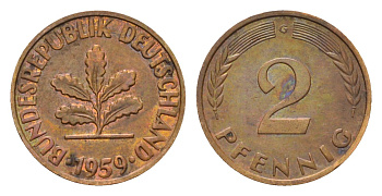 ФРГ 2 пфеннига 1959 G KM 106, J. 381 бронза 4532-622