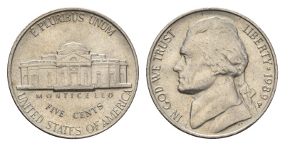 США 5 центов 1989 P, Джефферсон KM A192 медно-никель 4637-643